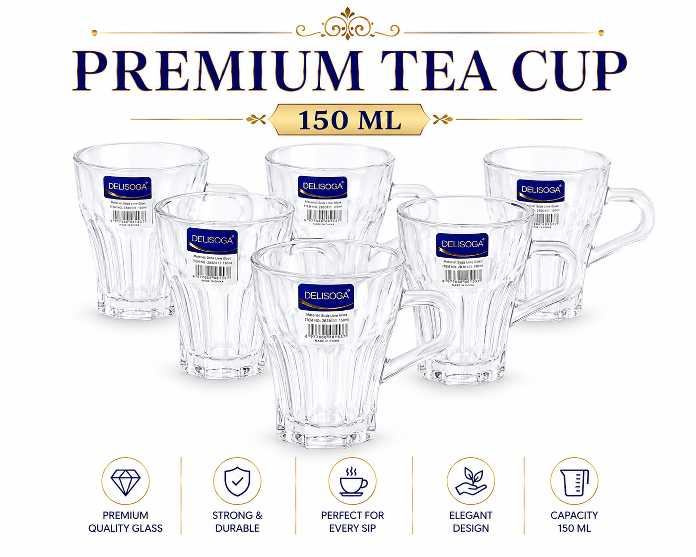 Premium Glass Tea Cup With Handle - 150 ML