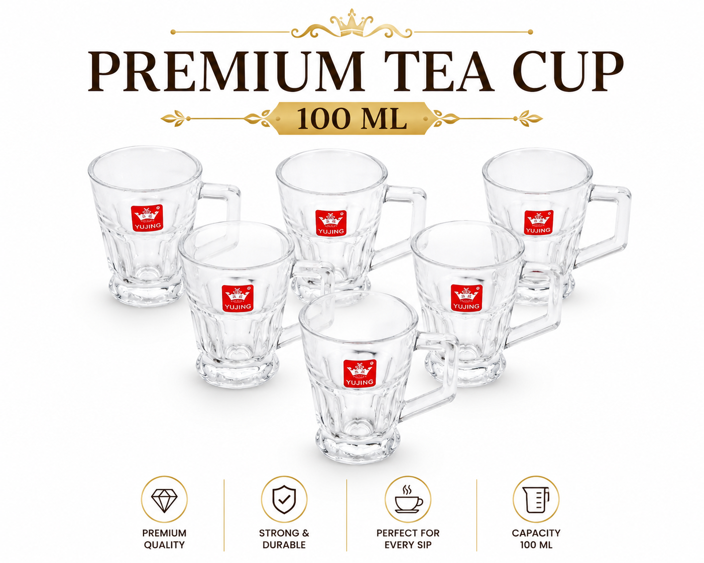 Premium Glass Tea Cup With Handle - 100 ML