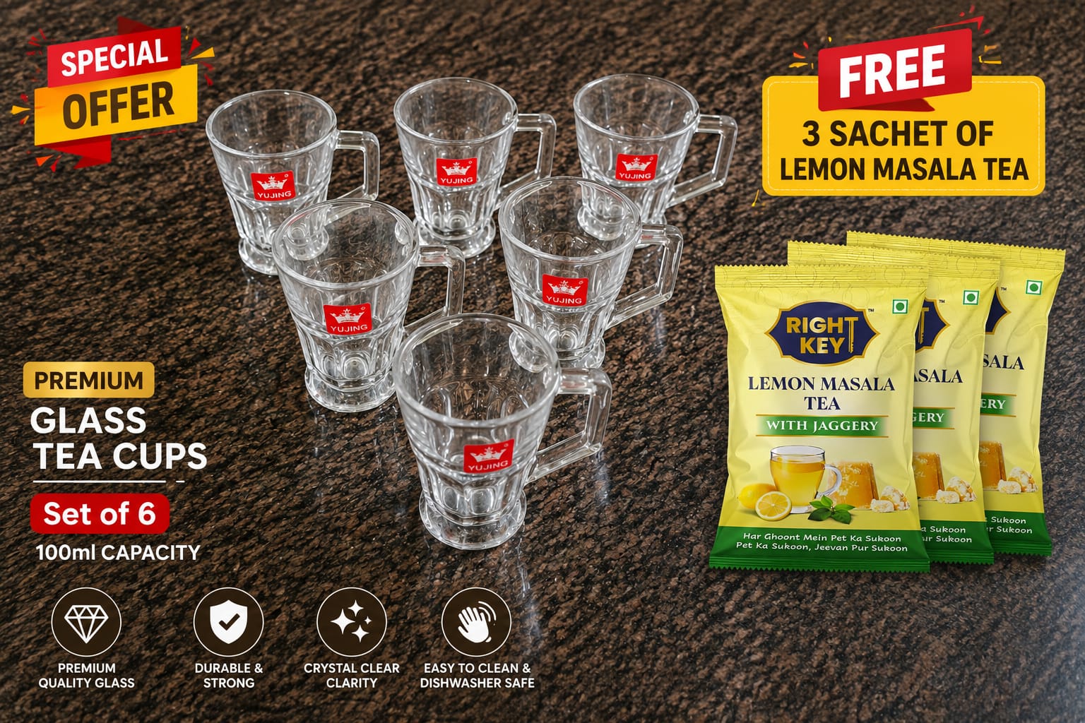 Premium Glass Tea Cup With Handle - 100 ML