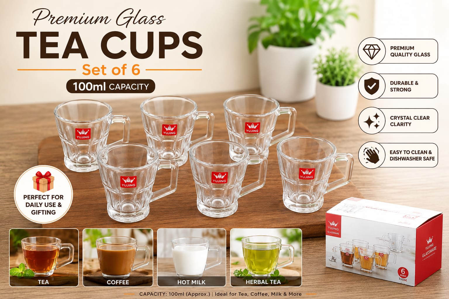 Premium Glass Tea Cup With Handle - 100 ML