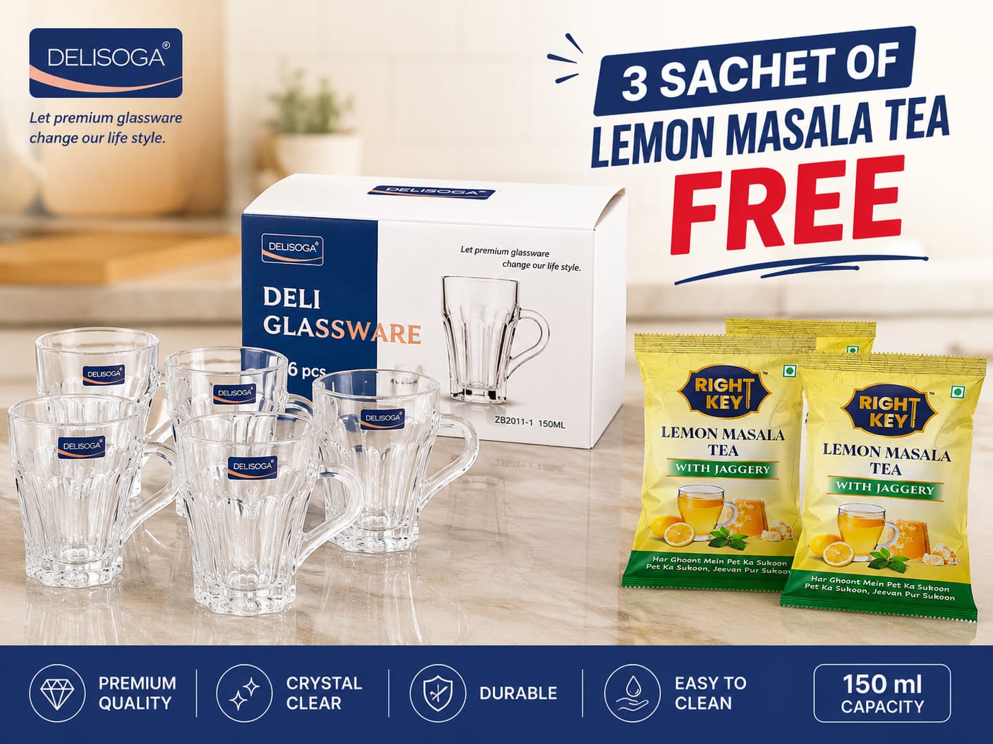 Premium Glass Tea Cup With Handle - 150 ML