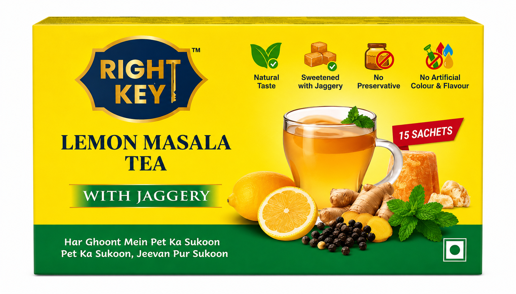 RIGHT KEY Lemon Masala Tea with Jaggery 15 Sachets Front Pack